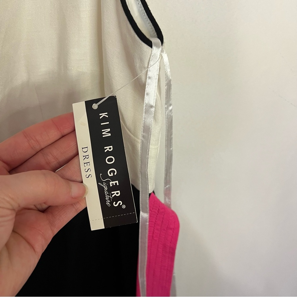 New Kim Rogers Linen Blend Dress White Black Pink Waist Tie Belt 18 Sleeveless - Picture 7 of 8
